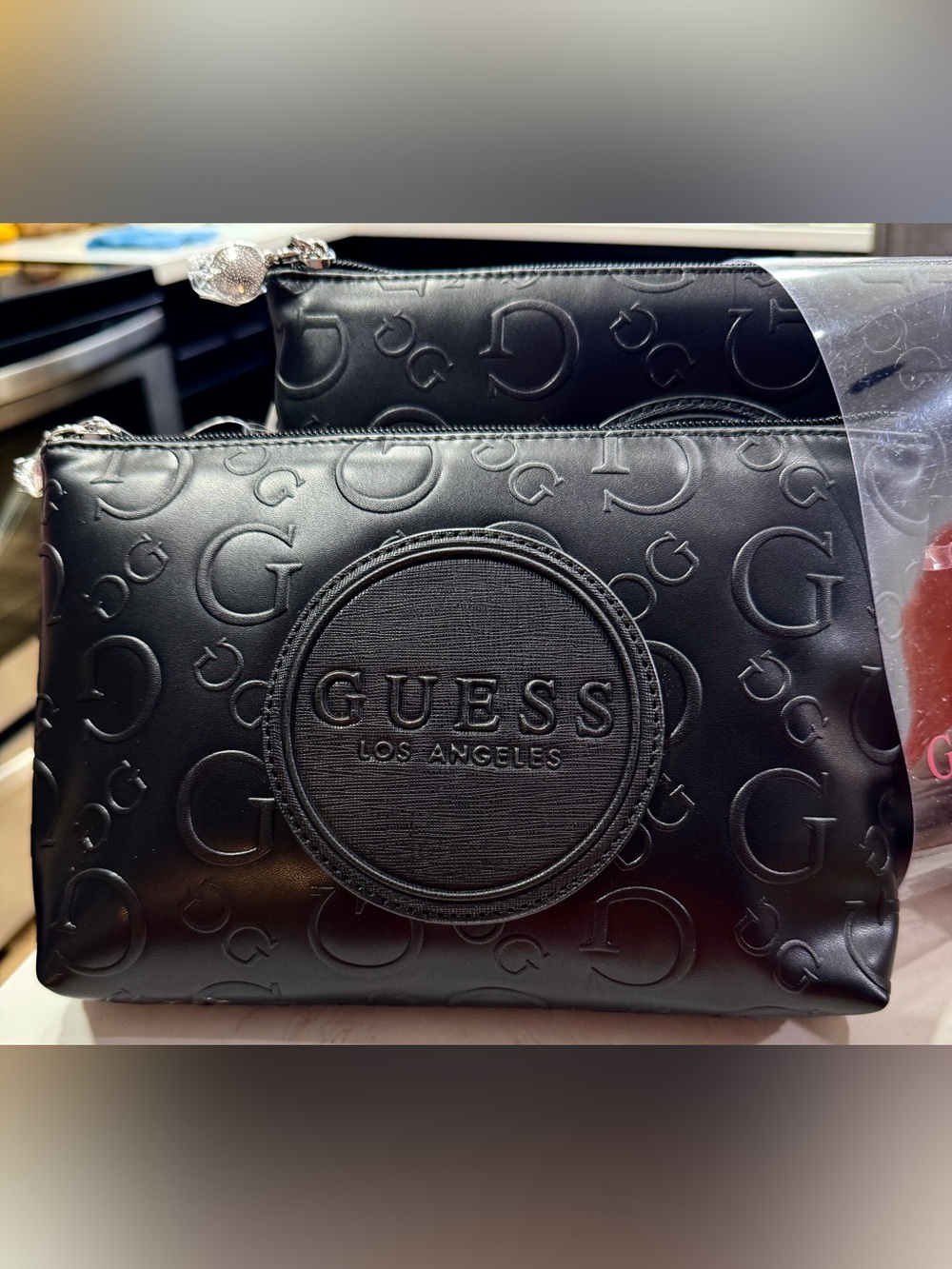 NWT Guess Black Travel Cosmetic Bag Set Embossed Logo Makeup Pouches Set of 2